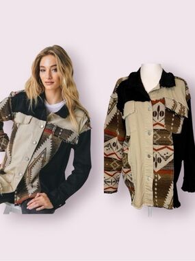 Davi & Dani Aztec Tribal Mixed Media Western Button Down Top Patchwork Medium